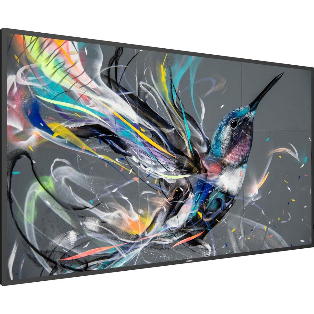 Un colibrì dai colori vivaci su sfondo grigio, stile graffiti.