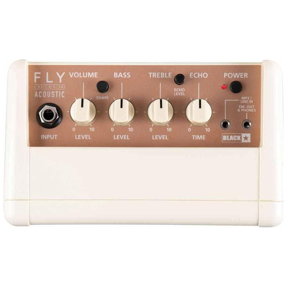 Ein weiße Gitarrenverstärker mit Knöpfen für Lautstärke, Bass, Höhen, Echo und Leistung.