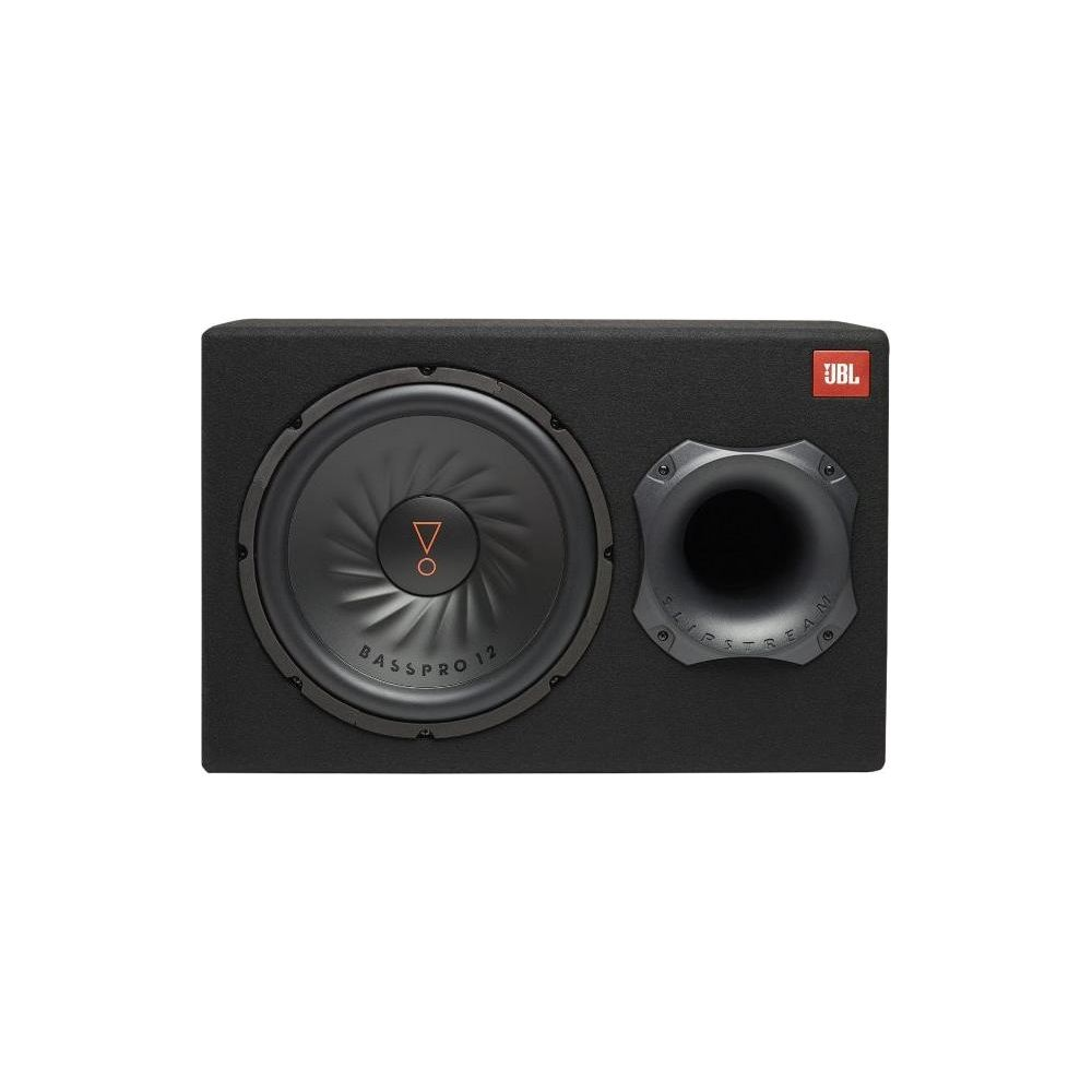 Schwarzer Subwoofer mit JBL-Logo, 12-Zoll-Treiber und Port.