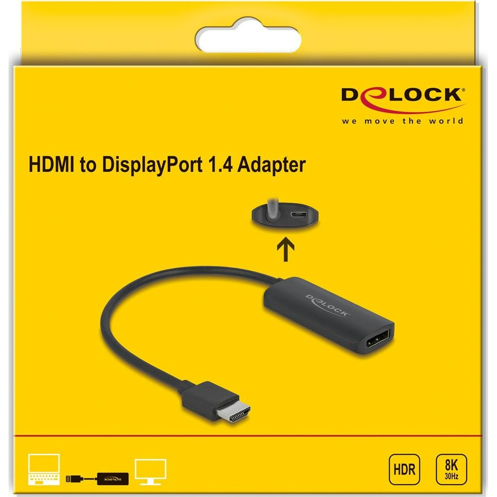 DeLOCK HDMI zu DisplayPort 1.4 Adapter mit Kabel und Anschlussstücken.