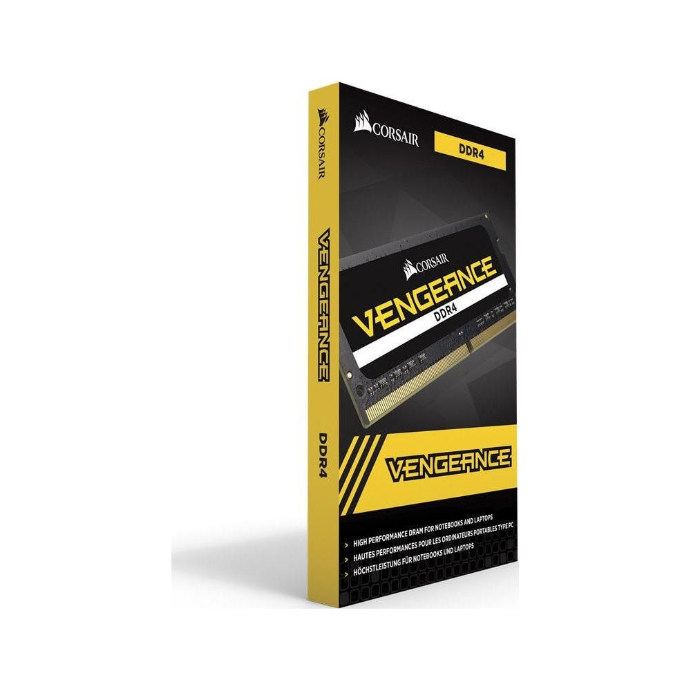 Pamięć RAM Corsair Vengeance DDR4 do laptopów i komputerów na ciemnym tle.