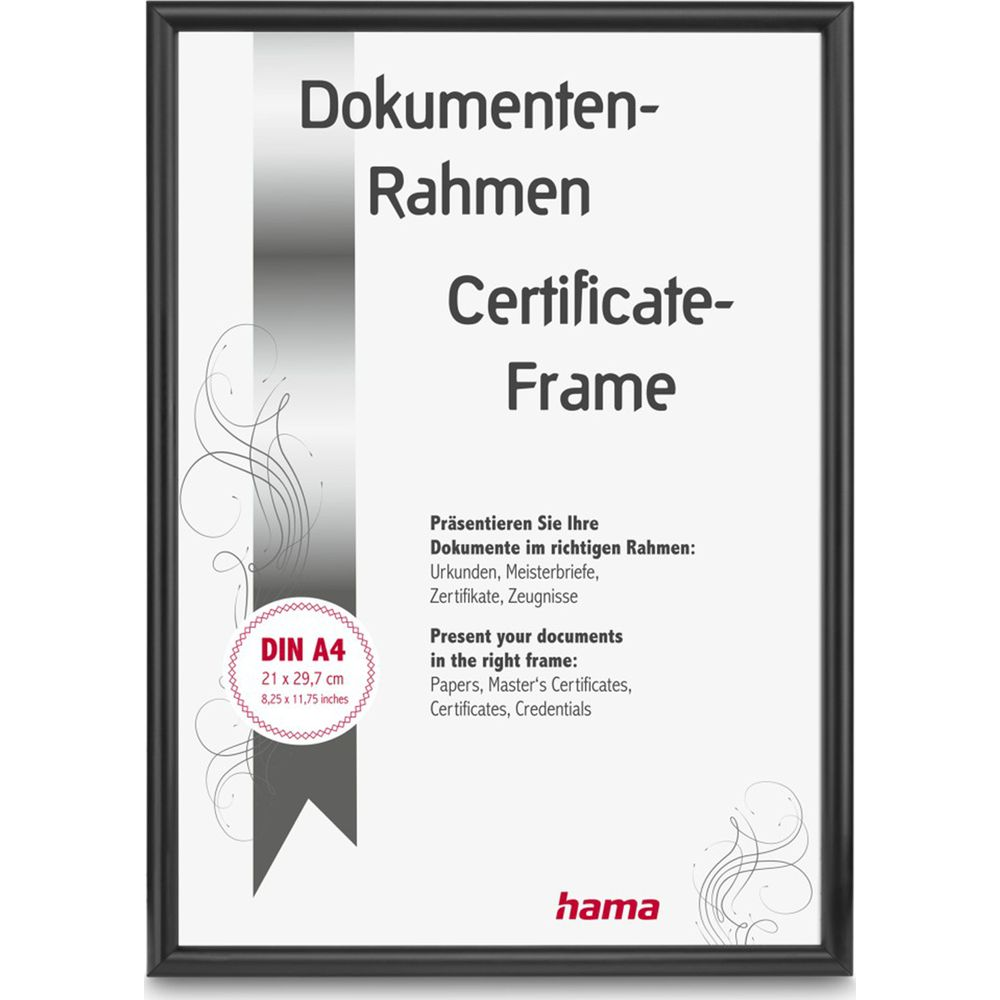 Ein schwarzer Bilderrahmen für Dokumente und Zertifikate im DIN A4 Format.