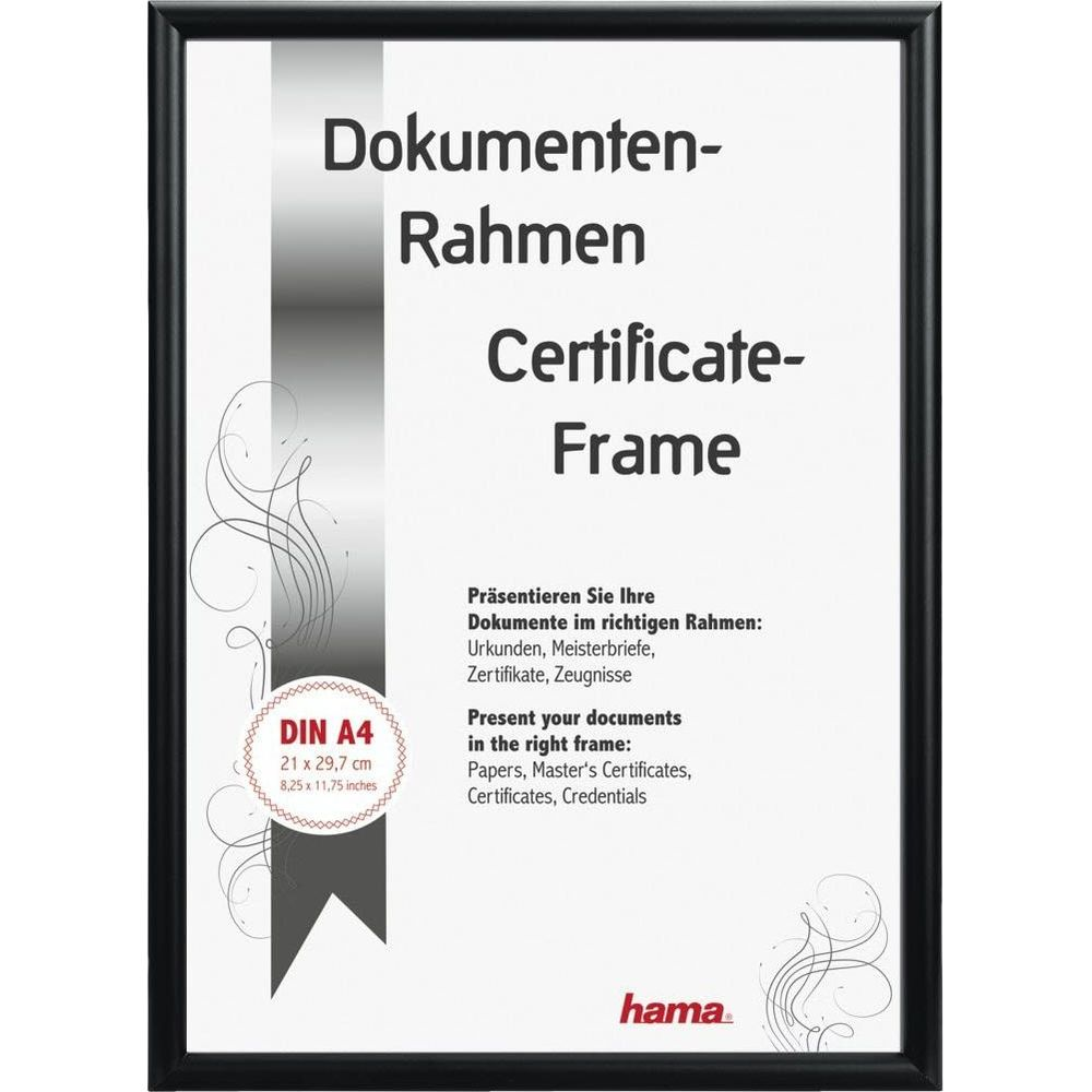 Ein schwarzer Bilderrahmen für Dokumente im DIN A4 Format mit Text.