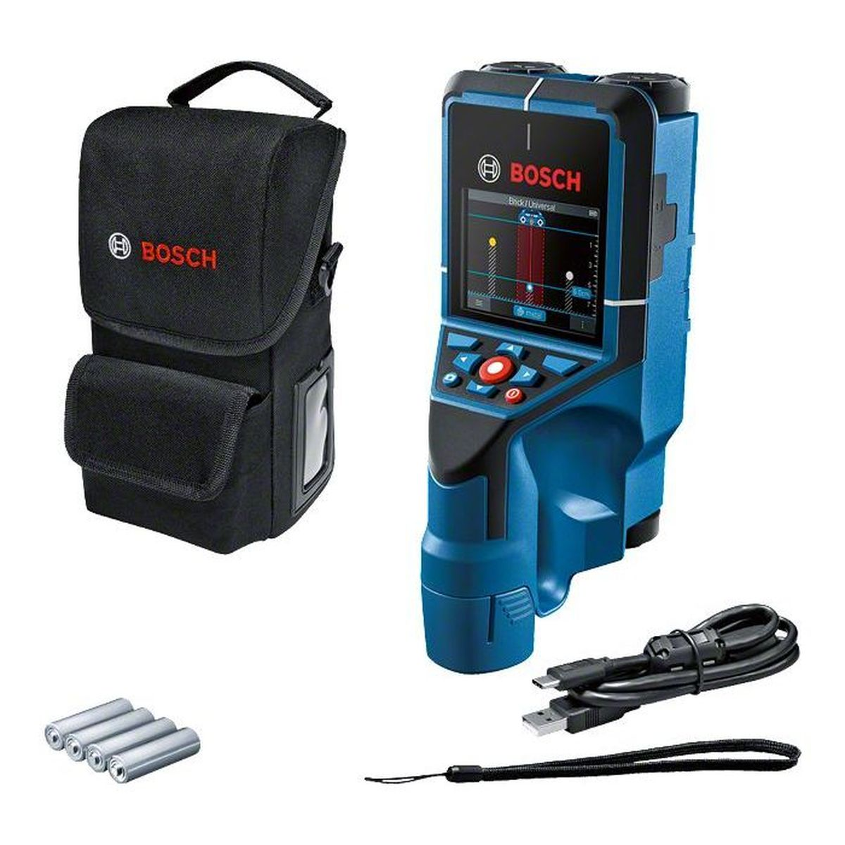 Rilevatore Bosch con borsa, cavi e batterie.