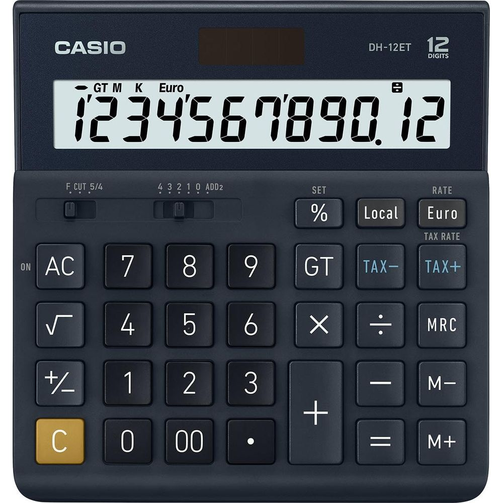 Ciemnoniebieski kalkulator biurkowy Casio DH-12ET z dużymi przyciskami i ekranem LCD.