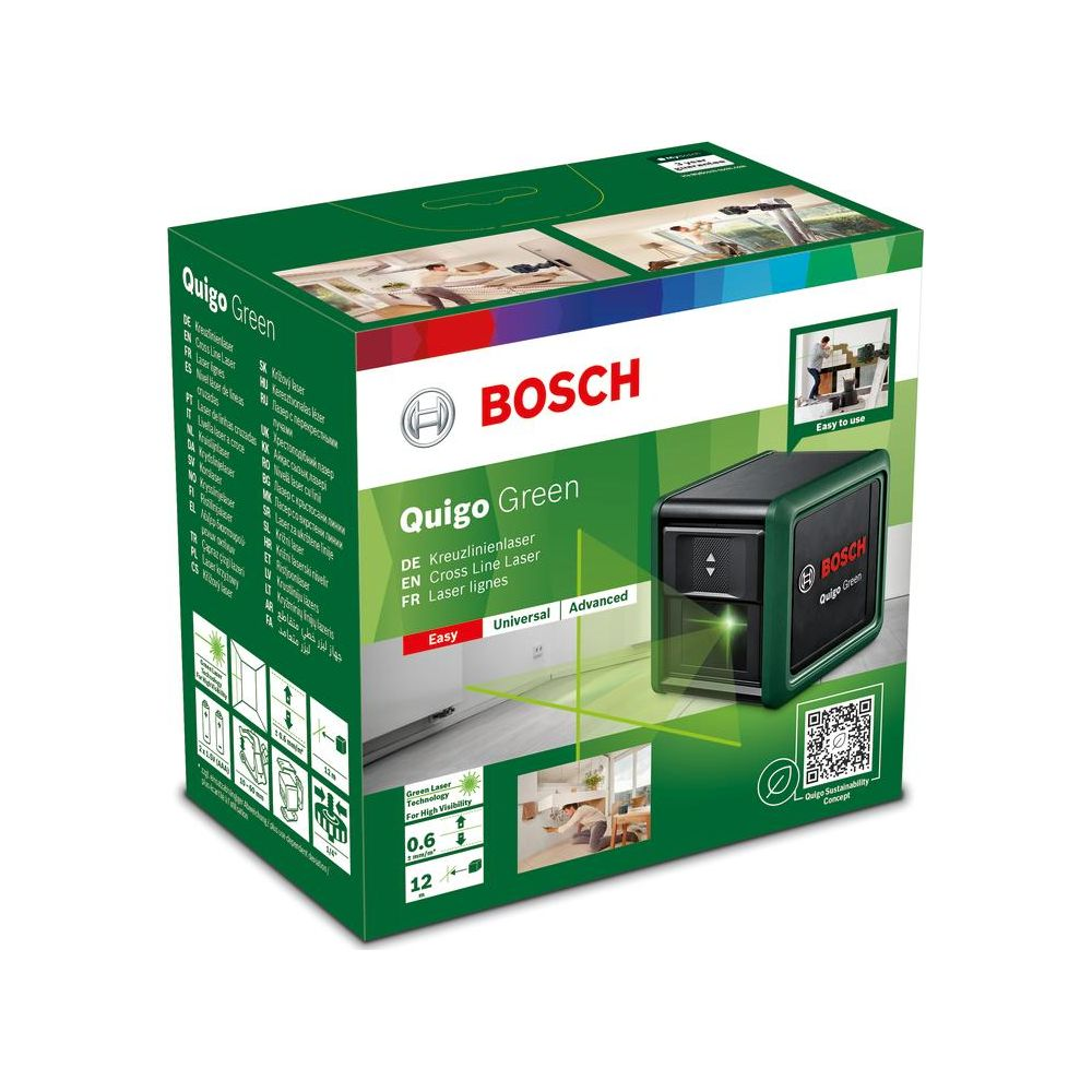 Opakowanie zielonego lasera krzyżowego Bosch z tekstem i zdjęciem produktu.