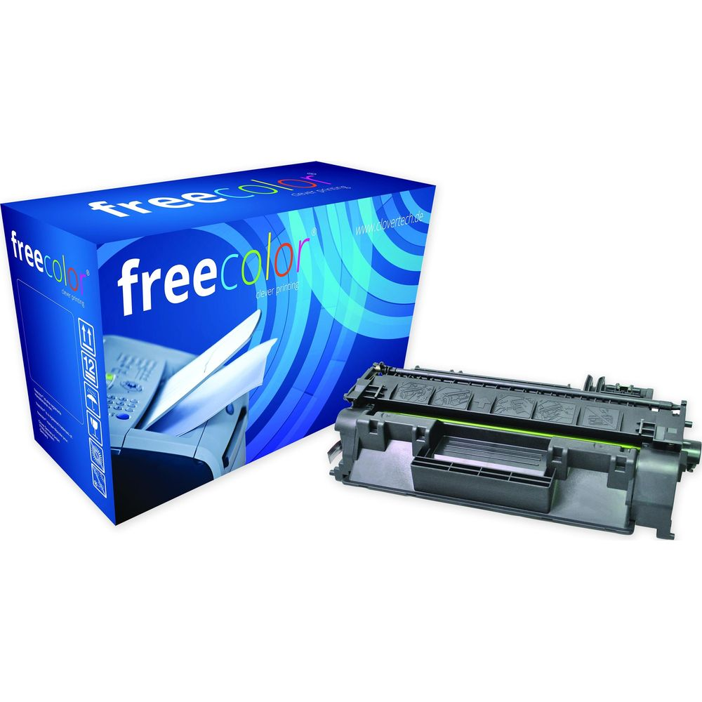 Una scatola blu con logo "freecolor" e una cartuccia toner nera su sfondo bianco.