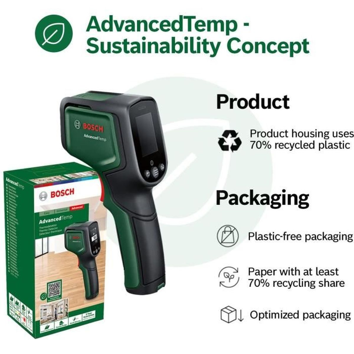 Bosch AdvancedTemp: yeşil termometre ve ambalaj, %70 geri dönüştürülmüş plastik.