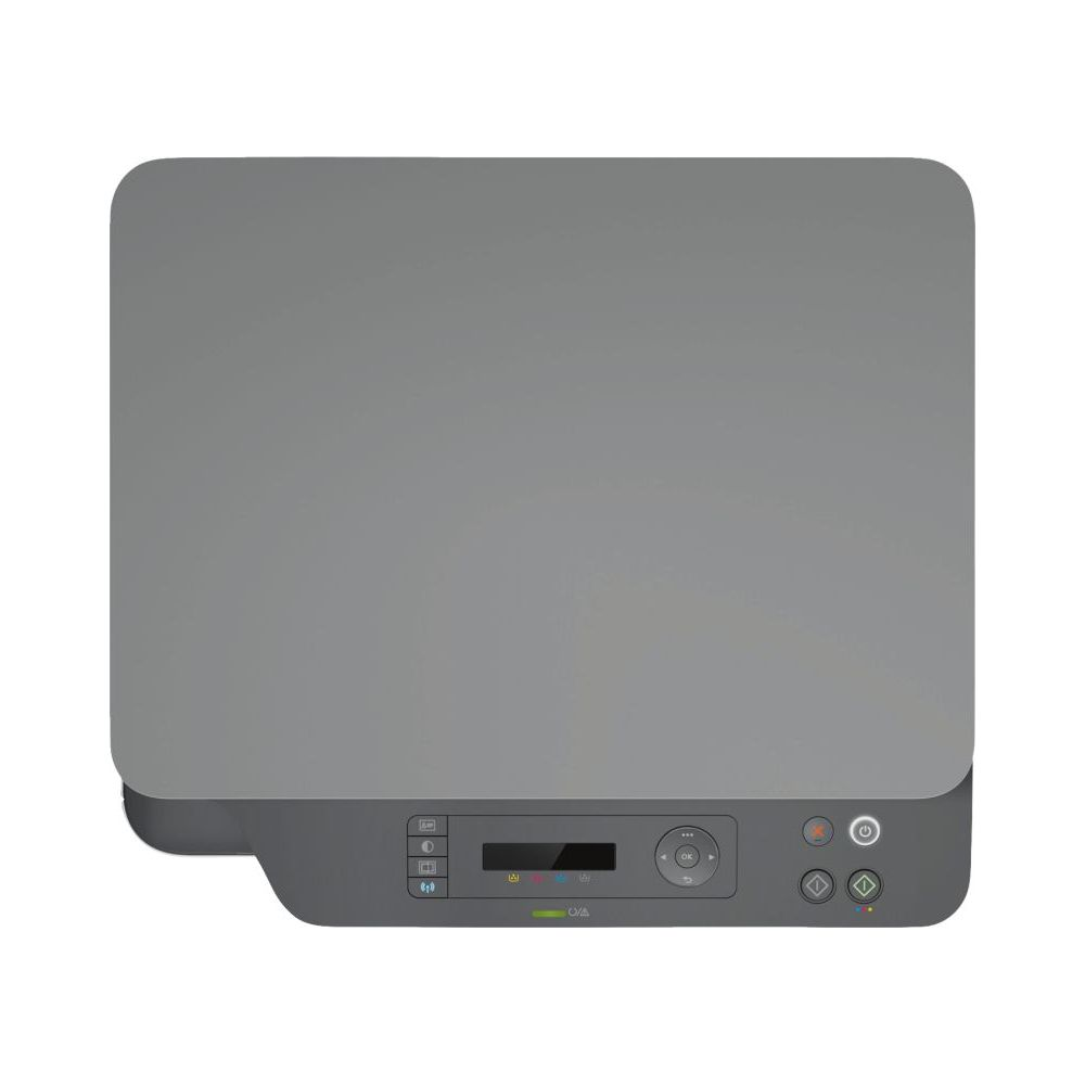 Szara drukarka z panelem sterowania i przyciskiem zasilania.