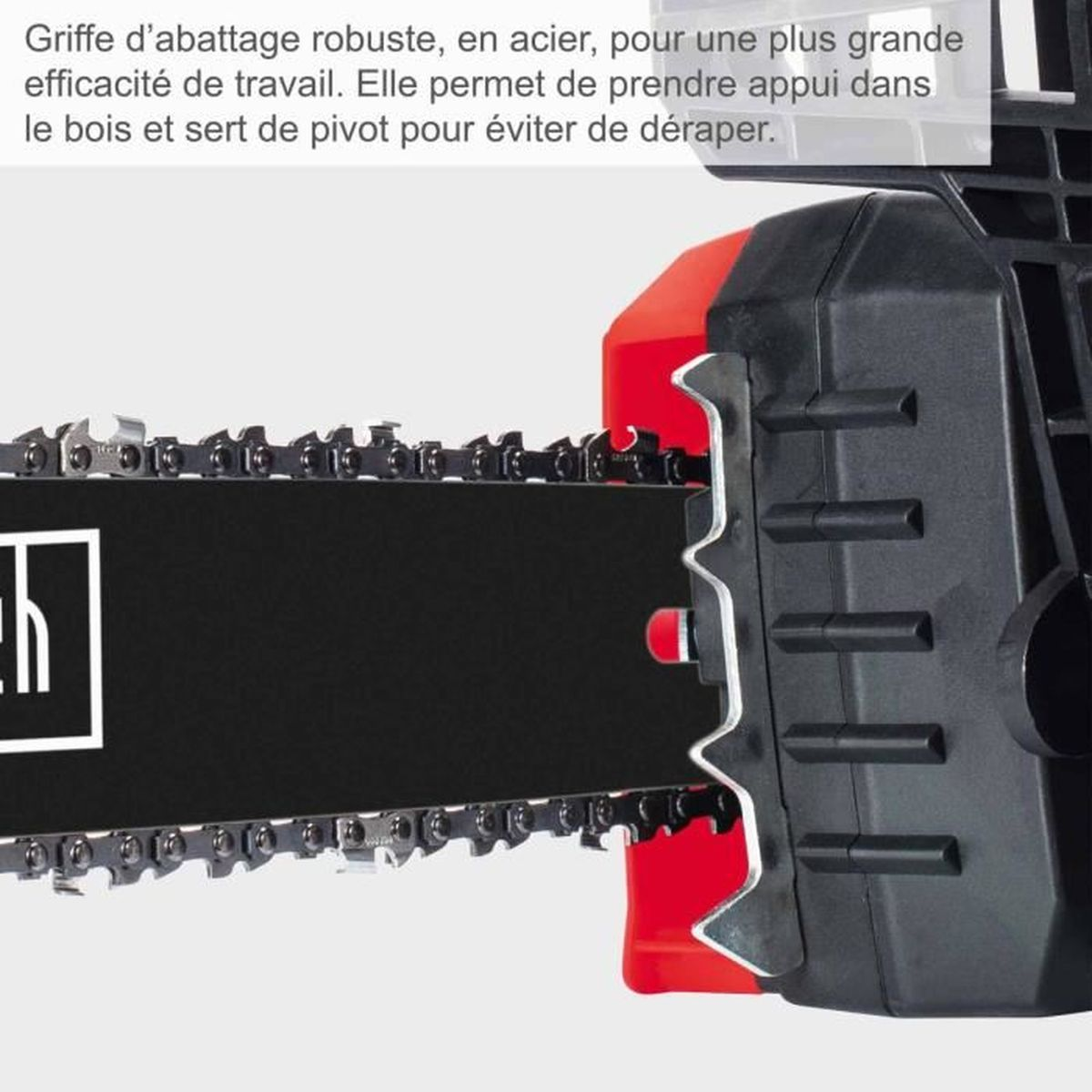 Zbliżenie łańcucha i czarnej prowadnicy piły łańcuchowej z czerwonym uchwytem.