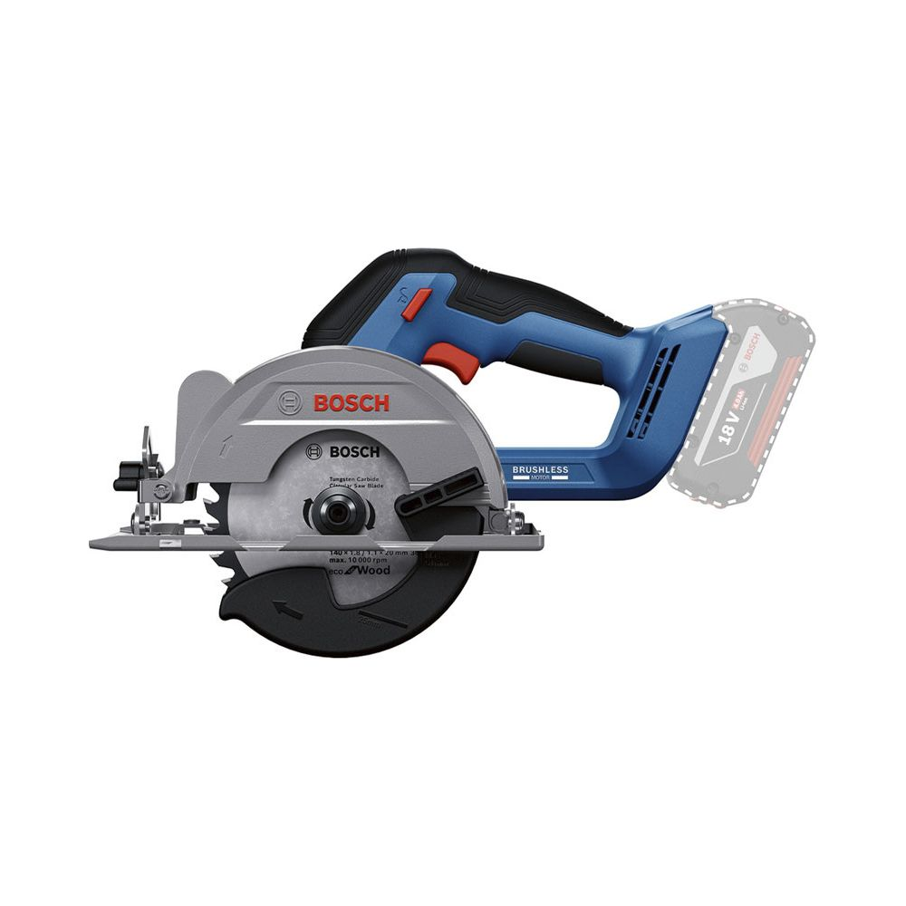 Ein blauer und grauer Bosch Akku-Kreissäge mit 18V Akku.
