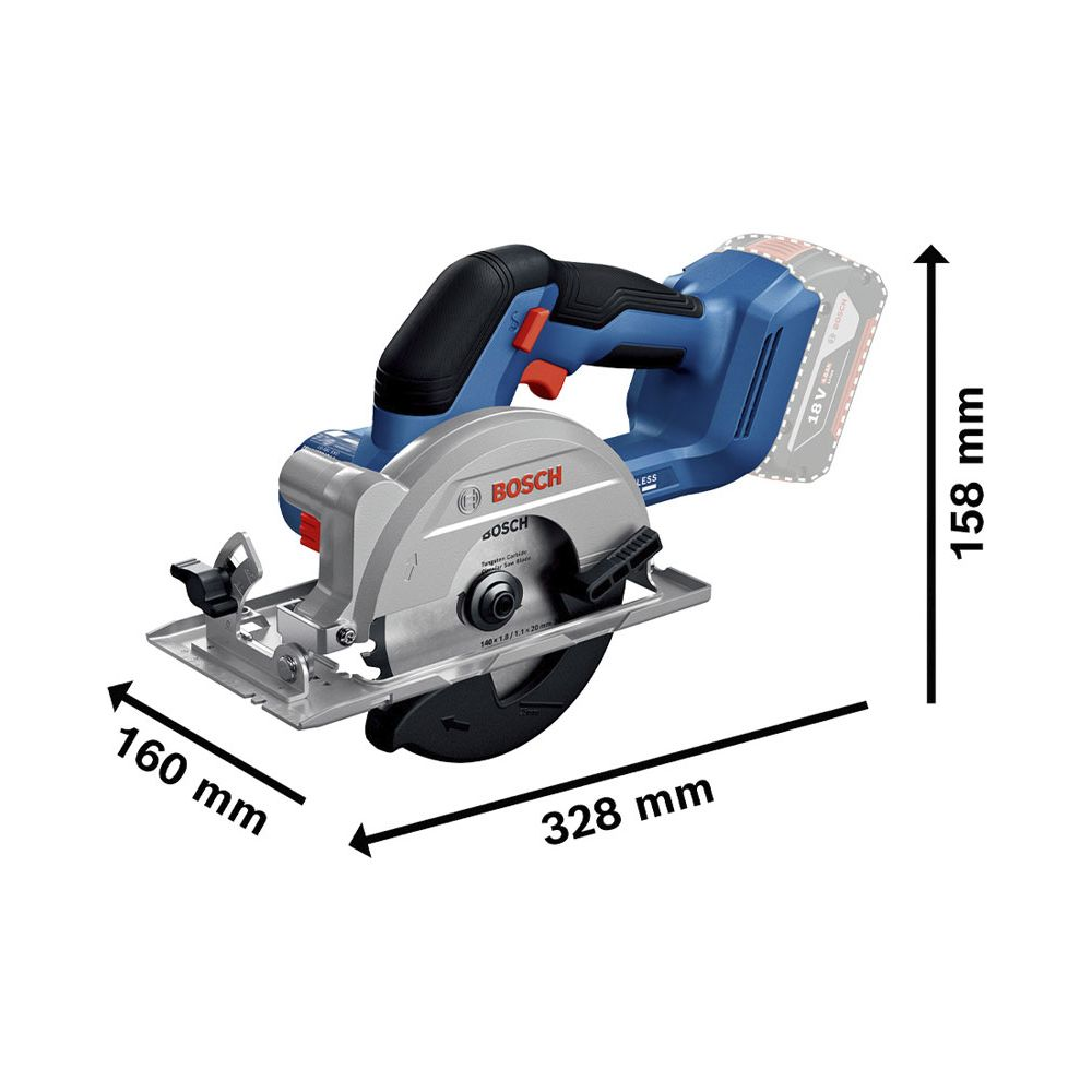 Bosch Akku-Kreissäge: 328mm lang, 160mm breit, 158mm hoch.