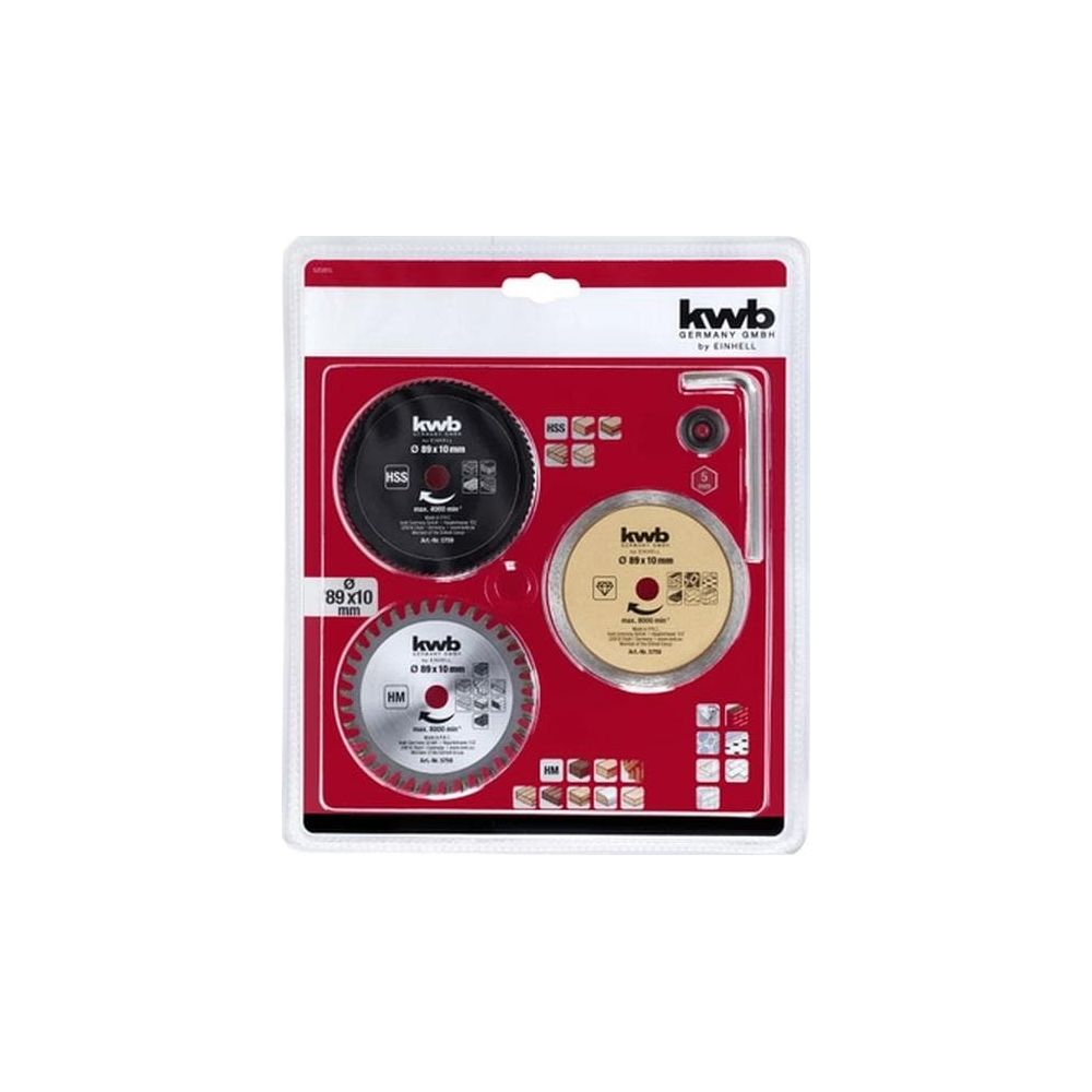 Set mit drei KWB Sägeblättern (HSS, Diamant) und einem Inbusschlüssel.