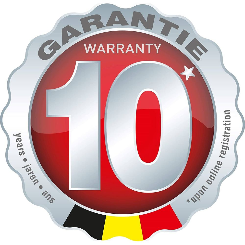 Garantie-Siegel mit "10 Jahre Garantie" und Belgischer Flagge.