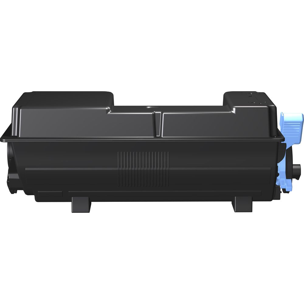 Zwarte tonercartridge met blauwe hendelbevestiging, geïsoleerd op witte achtergrond.