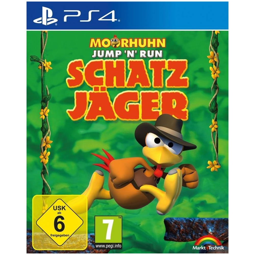 PlayStation 4 Spielcover: Moorhuhn Schatzjäger mit Cartoon-Huhn und USK 6 Siegel.