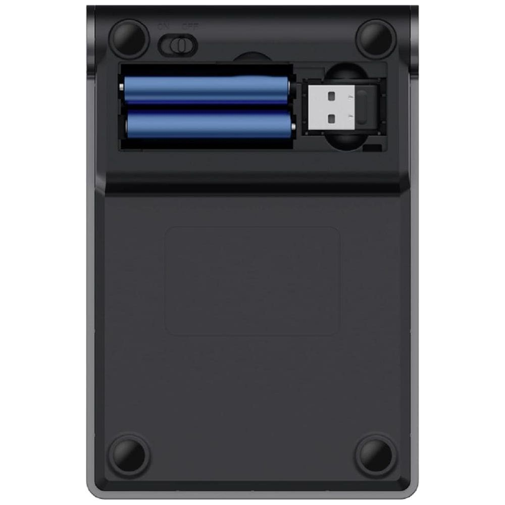Retro di un dispositivo nero con due batterie AAA blu e un dongle USB.