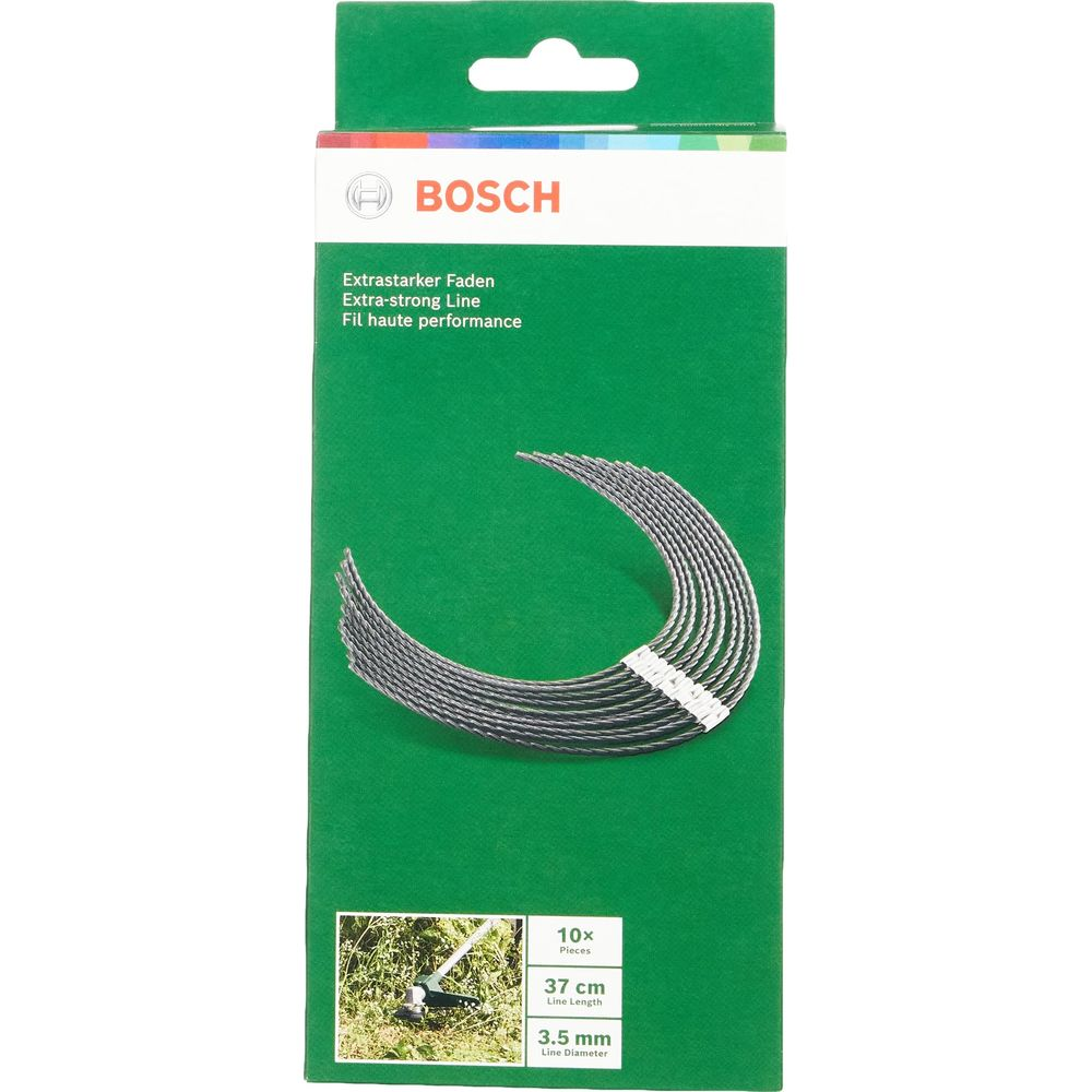 Verpackung für Bosch Trimmerfaden mit 10 Stk., 37cm lang, 3.5mm Durchmesser.