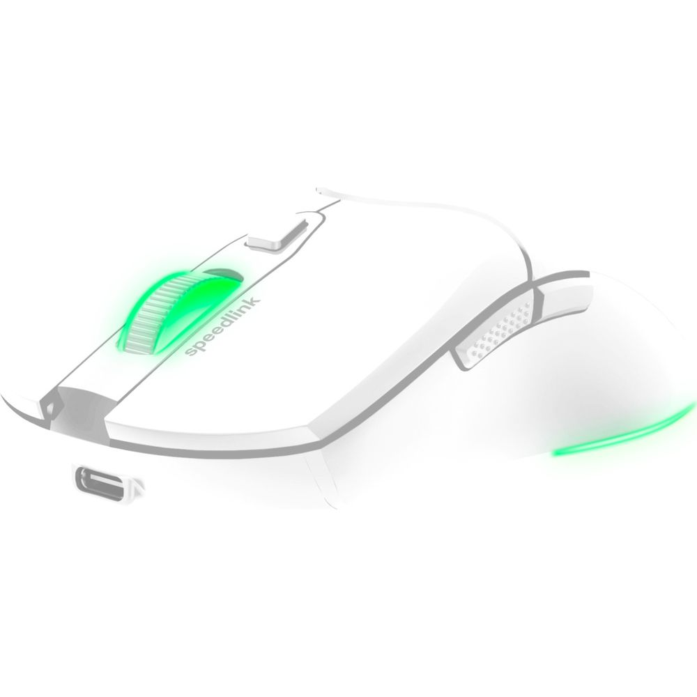 Weiße Gaming-Maus mit beleuchtetem Scrollrad und USB-C-Anschluss.