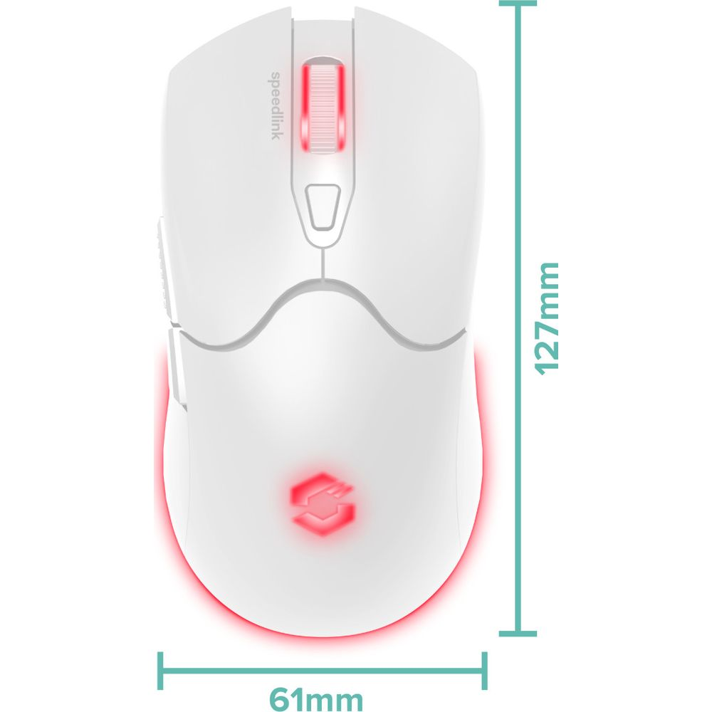 Weiße Gaming-Maus mit roter Beleuchtung, 127mm lang, 61mm breit.