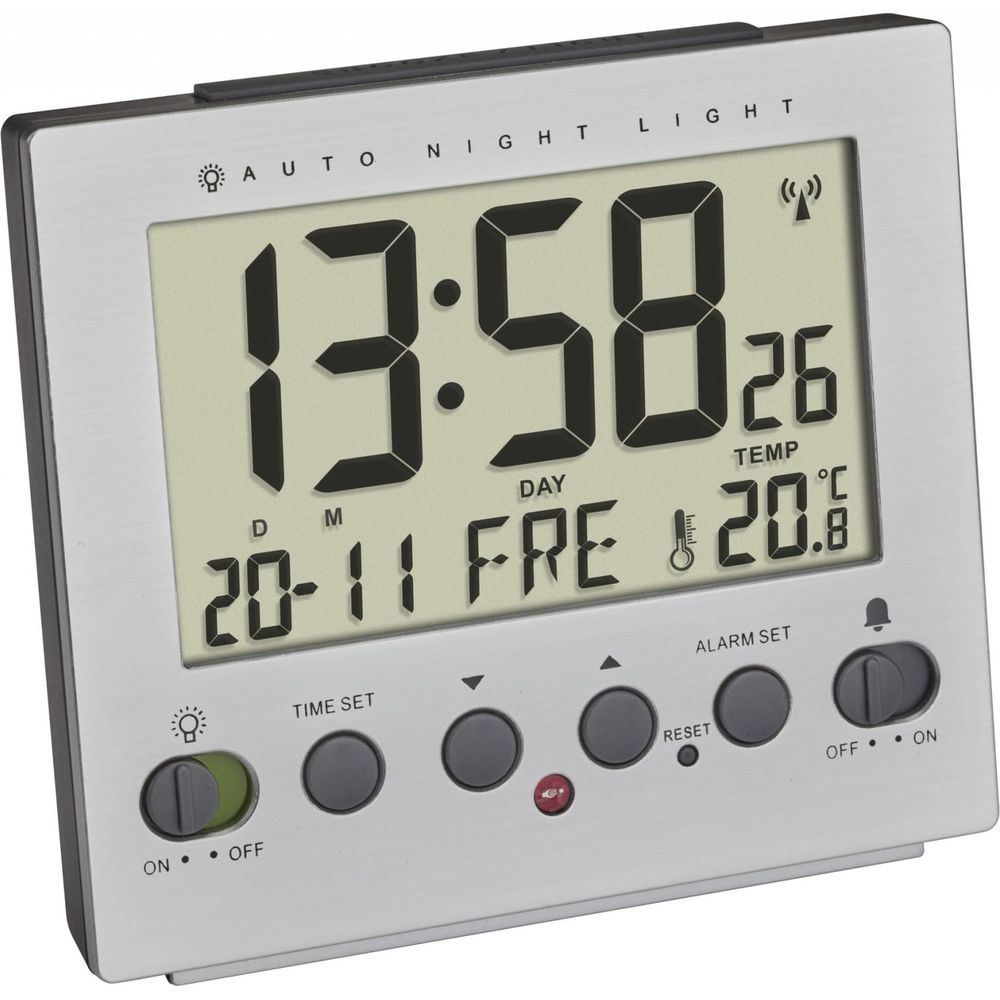 Digitaluhr zeigt 13:58, Datum 20-11, Tag FRE, Temperatur 20.8°C.