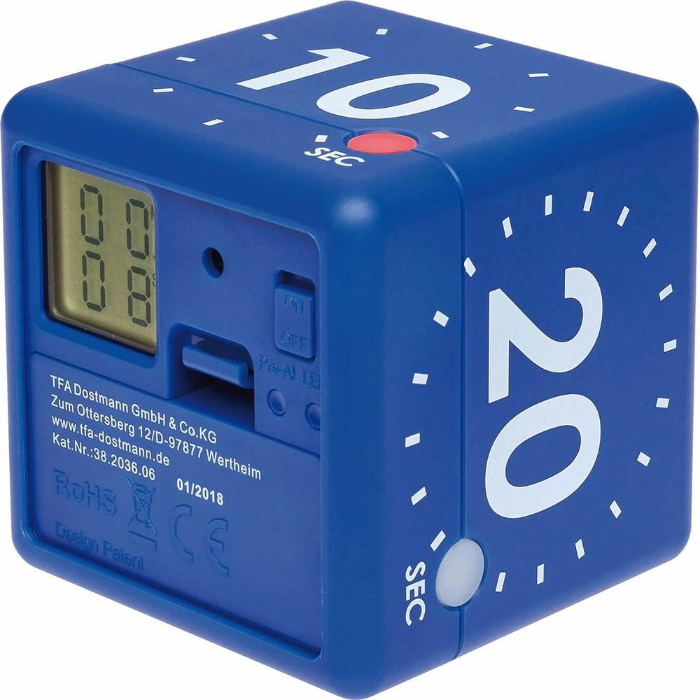 Ein blauer Würfel-Timer mit Zahlen 10 und 20, einem Display und Bedienelementen.