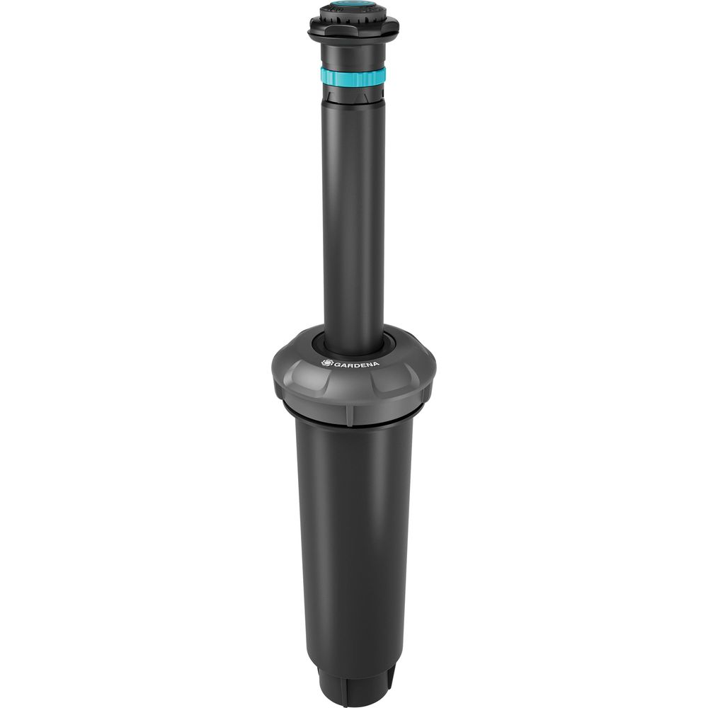 Un irrigatore Gardena nero con anello blu, su sfondo bianco.