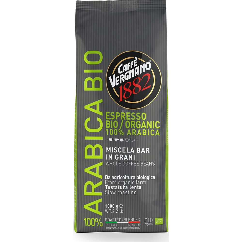Grauer Beutel mit Kaffee: Arabica Bio, 1000g, 100% Arabica, Espresso.