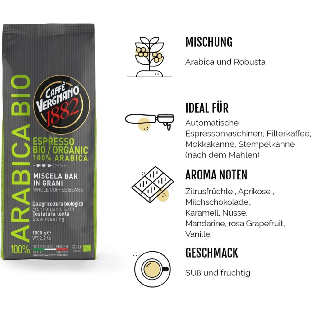 Eine Packung Caffe Vergnano 1882 Arabica Bio Espresso mit Hinweisen zu Mischung, Zubereitung, Aroma und Geschmack.