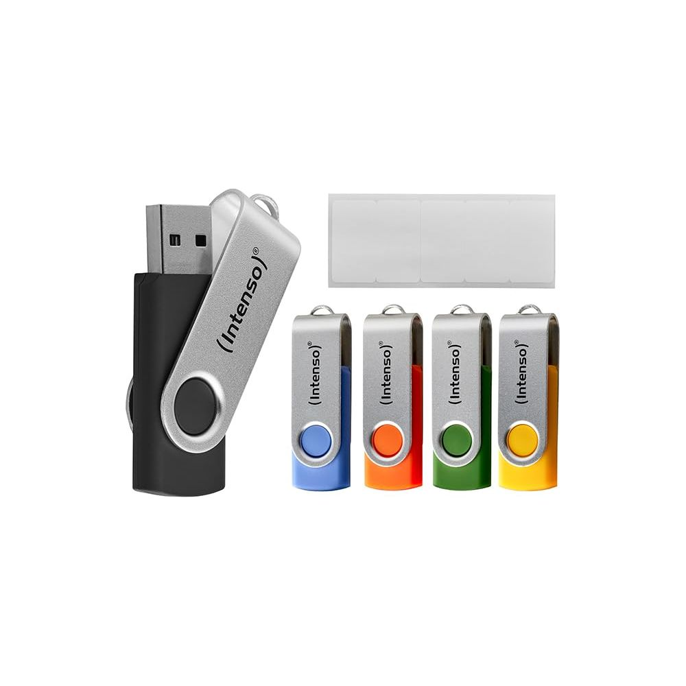 Czarny pendrive i cztery kolorowe obok: niebieski, pomarańczowy, zielony, żółty.