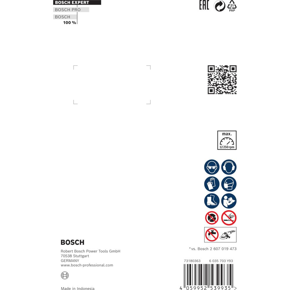 Bosch-Logo, Sicherheitssymbole, QR-Code, und max. 12.250 U/min.