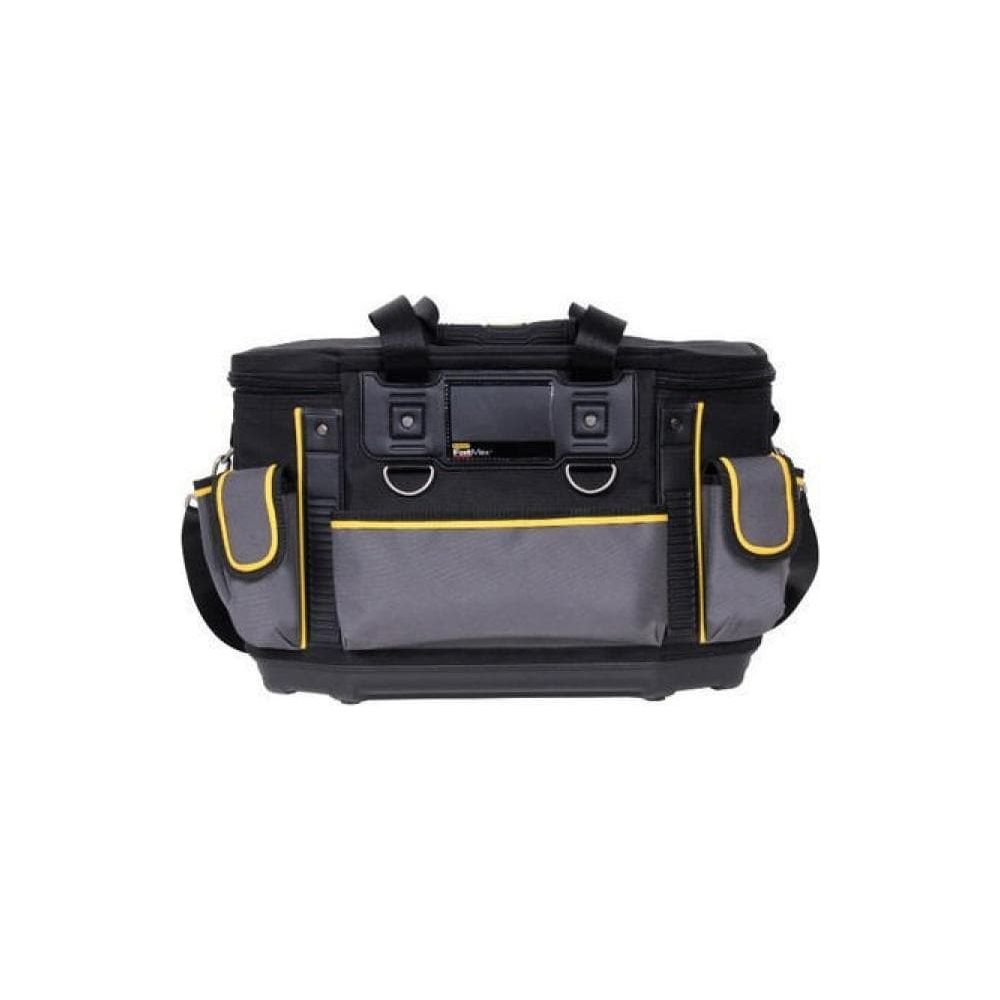 Bolsa de herramientas negra con detalles grises y amarillos, múltiples bolsillos.