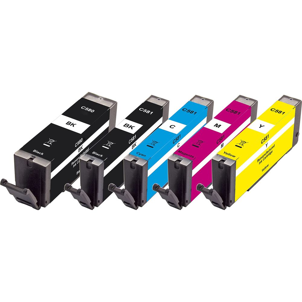 Cinq cartouches d'encre : noir, noir, cyan, magenta et jaune.