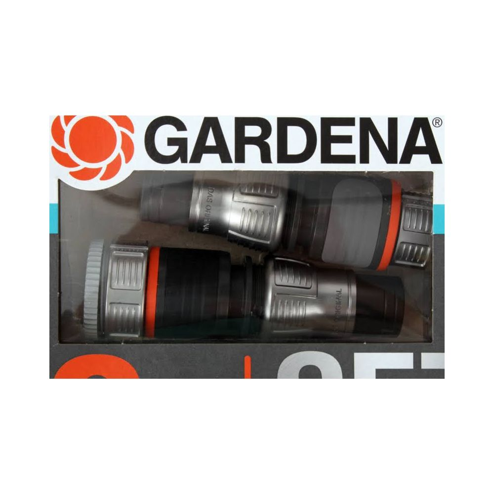 Zwei Gardena-Schlauchverbinder in einer Verpackung mit dem Gardena-Logo.
