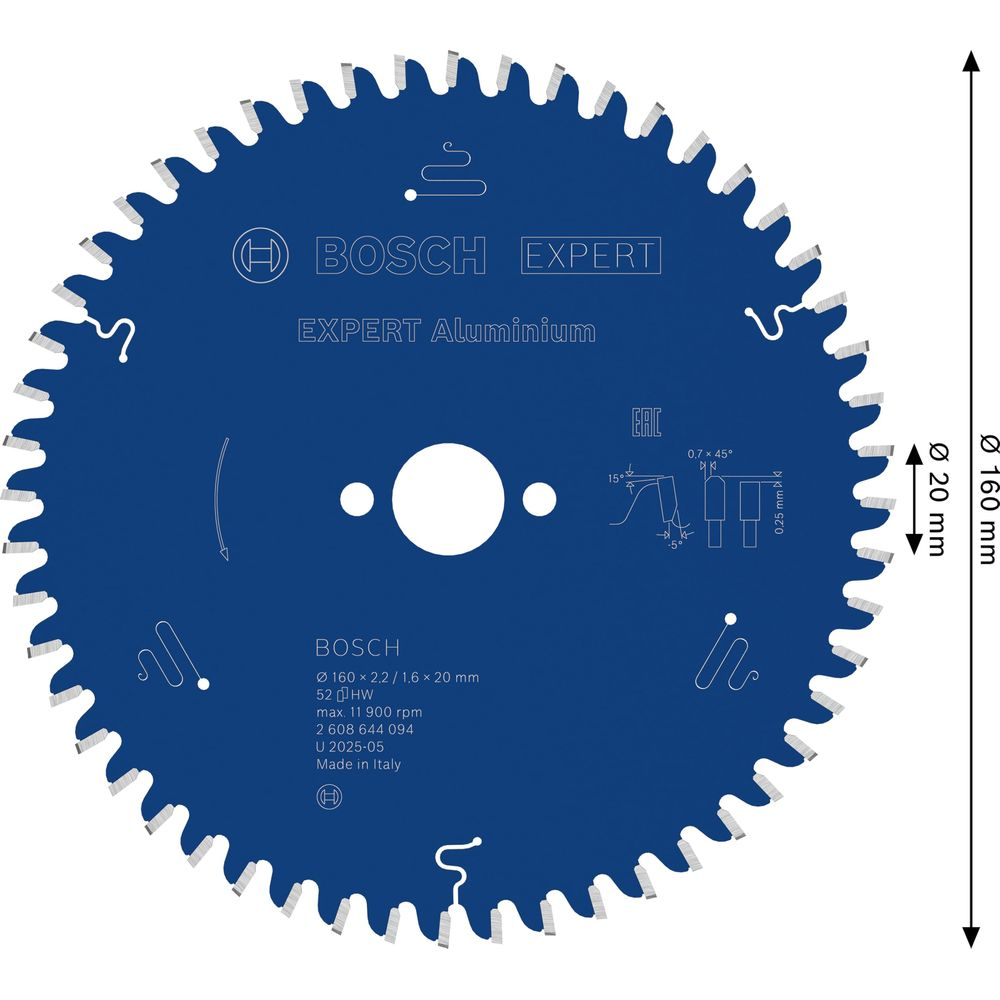 Lame de scie bleue avec logo Bosch, spécifications et dimensions.
