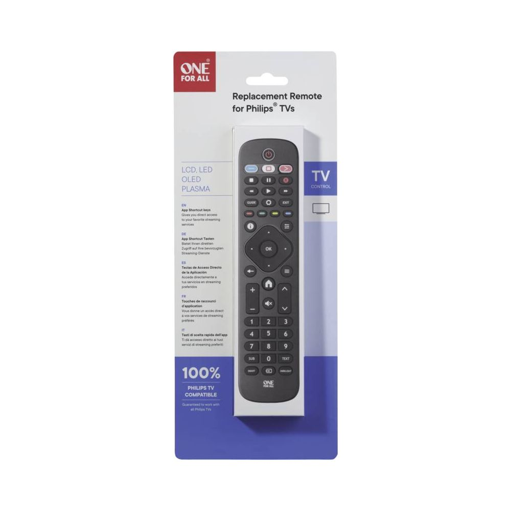Packaging of a remote control for Philips TVs with button labels.