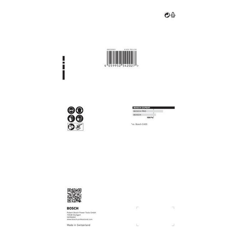 Ein Barcode, verschiedene Symbole und eine Leistungstabelle von Bosch.