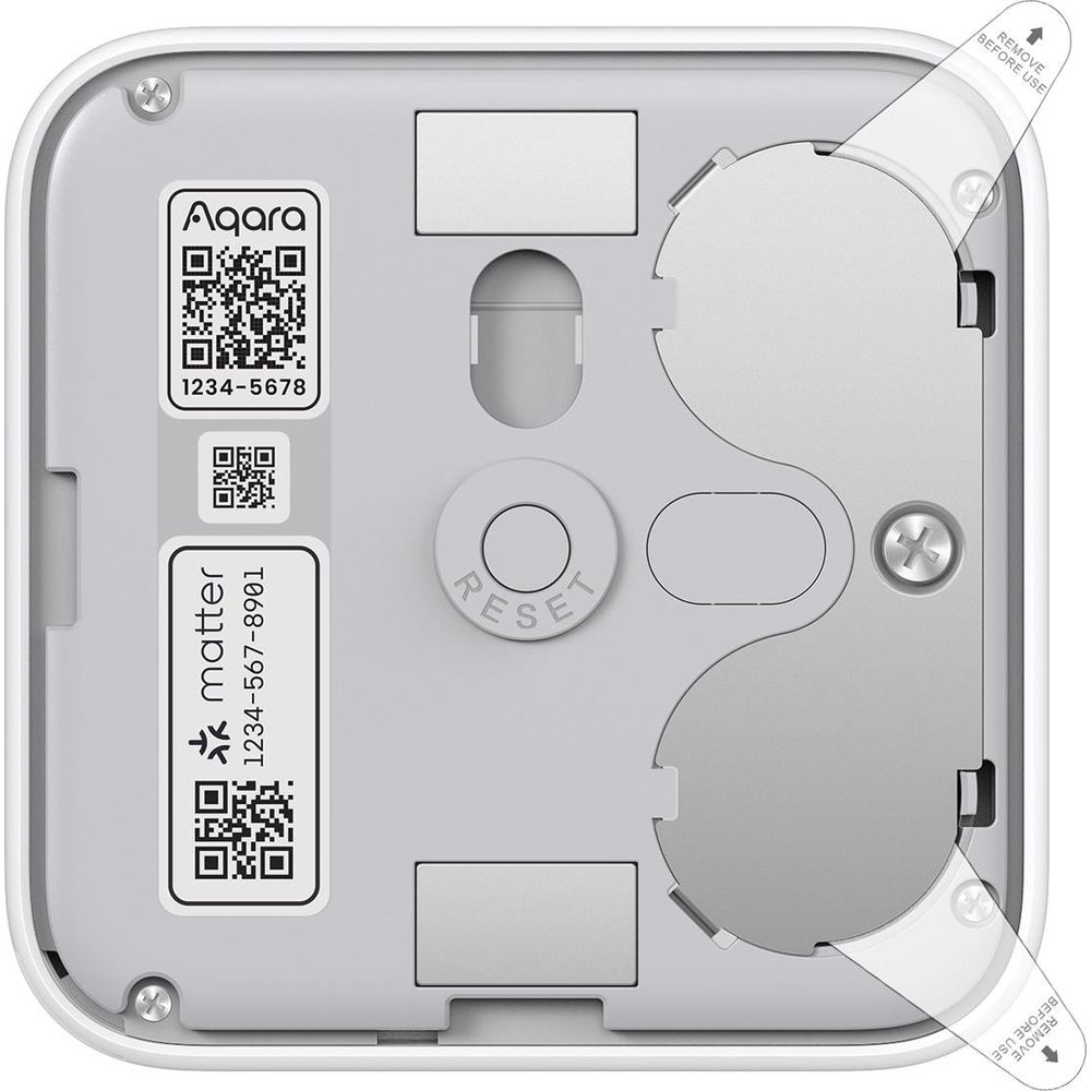 Dispositivo bianco con codici QR, etichette 'Aqara' e 'Matter', e pulsante di reset.