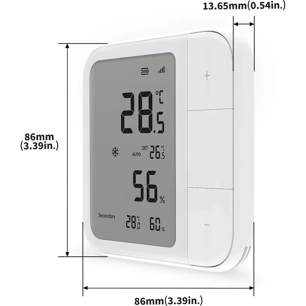Termostato digitale mostra 28.5°C, 56% umidità e letture secondarie 28°C/60%.