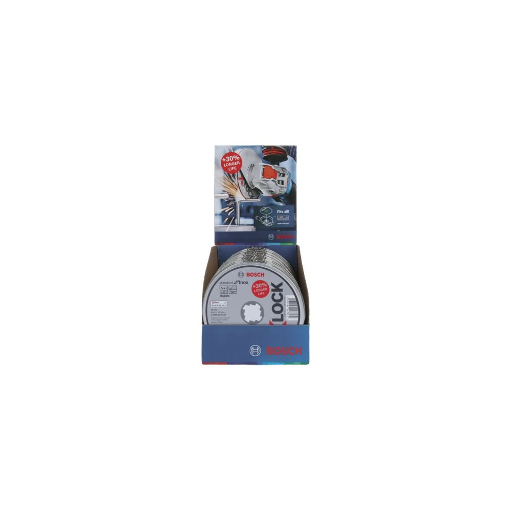 Display Bosch slijpschijven met "+30% langere levensduur" en "Past op alles" claims.