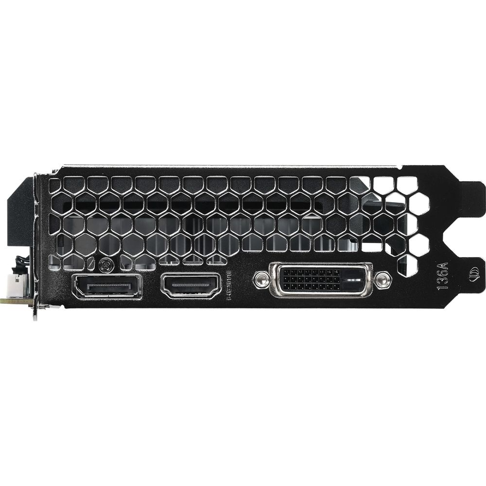 Tarjeta gráfica con puertos: DisplayPort, HDMI, DVI. Rejilla de ventilación.
