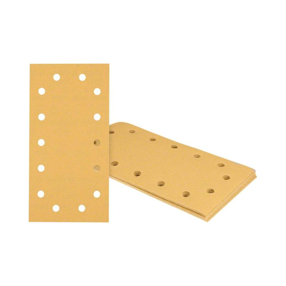 Ein Stapel gelber Schleifpapierblätter mit Löchern, eines ist aufrecht.