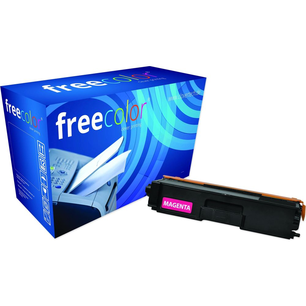 Una cartuccia toner magenta accanto a una scatola blu con etichetta freecolor.