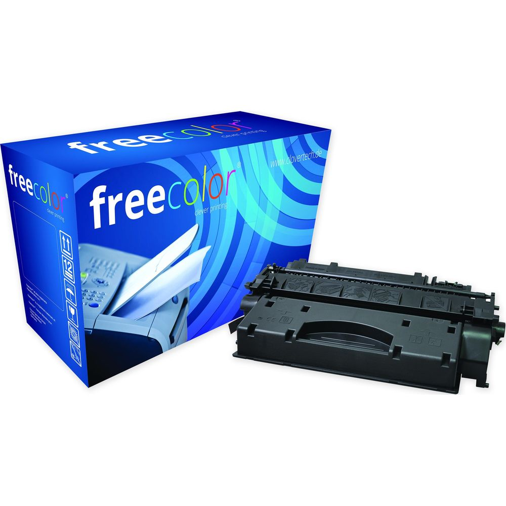 Una scatola blu Freecolor accanto a un toner nero.