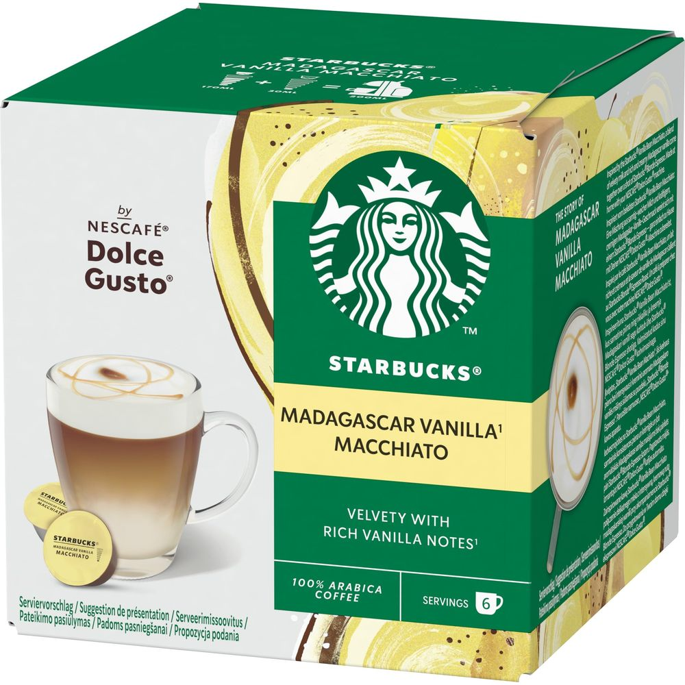Verpackung für Starbucks Madagascar Vanilla Macchiato Dolce Gusto Kapseln.