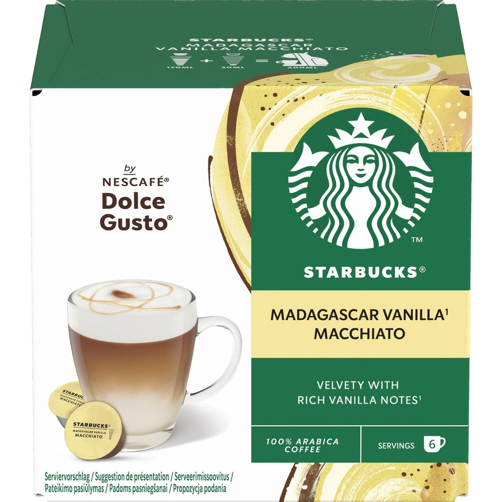 Starbucks Madagascar Vanilla Macchiato Dolce Gusto Kapseln mit Zubereitungsbild.