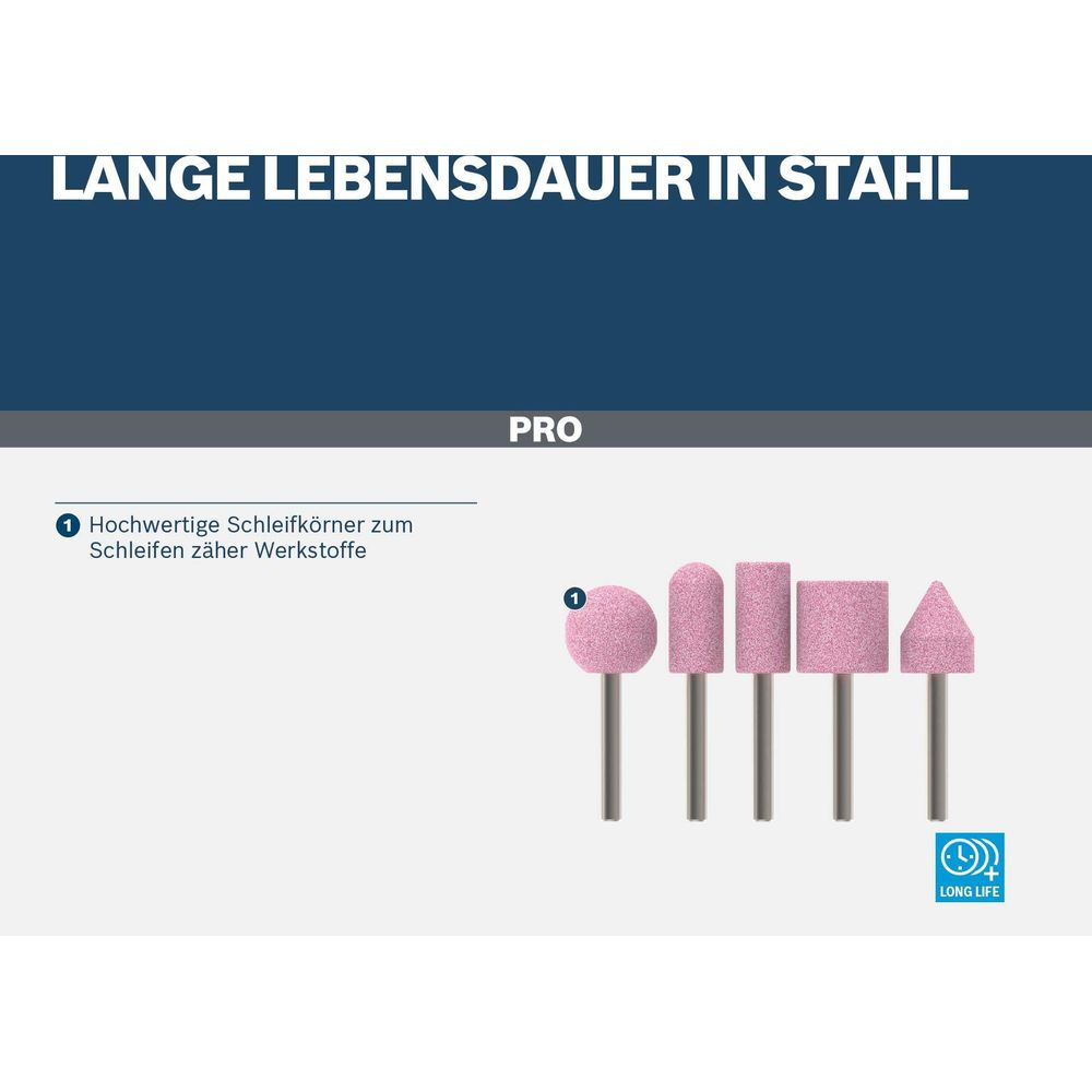 Cinque teste abrasive rosa con steli su sfondo bianco. Loghi "PRO" e "LONG LIFE".