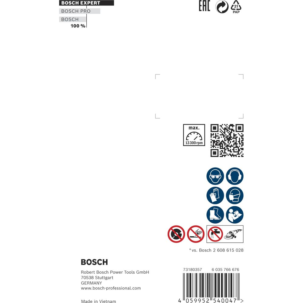 Bosch-Produktinformationen mit Symbolen für Sicherheit und Leistung.