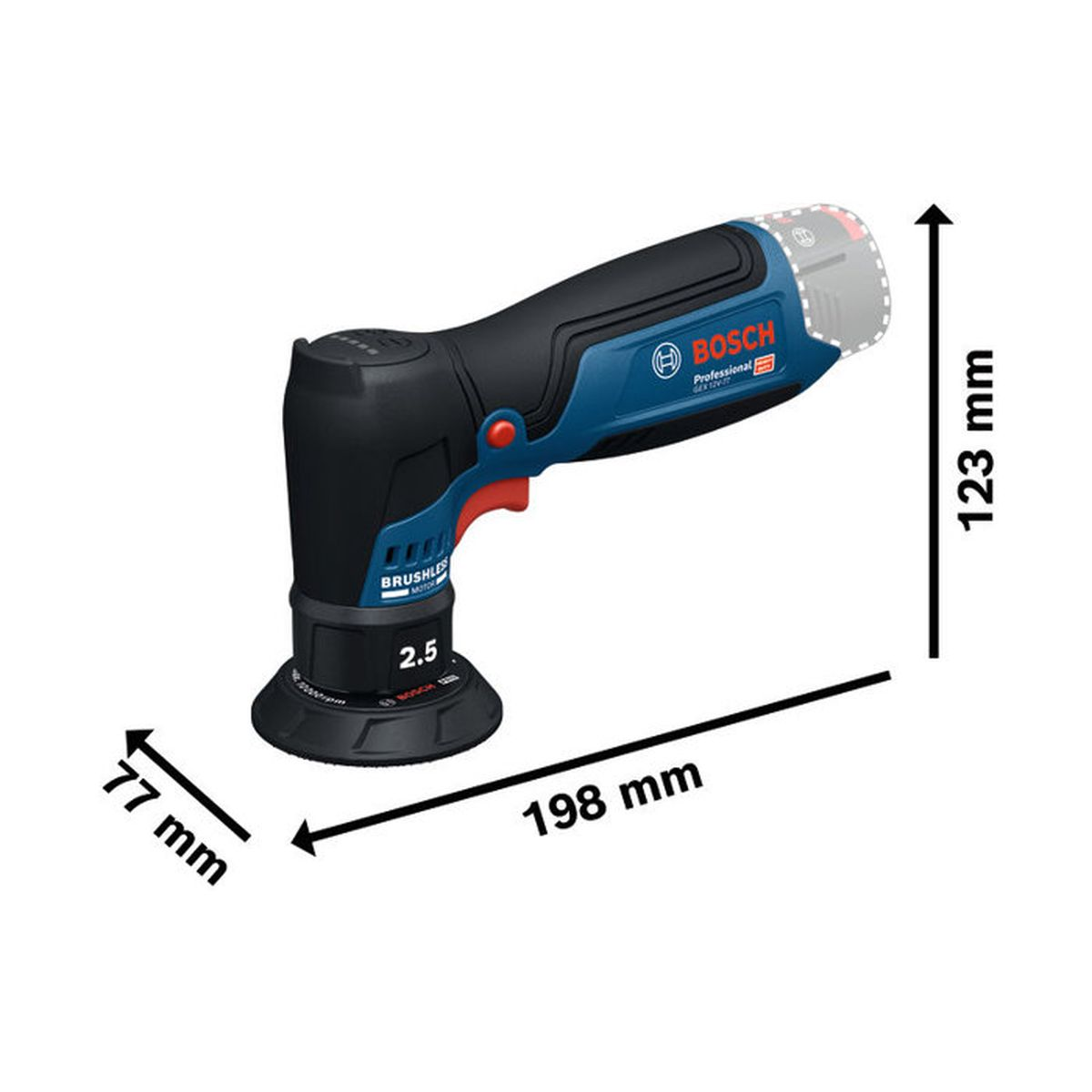 Bosch GEX 12V-77 Akku-Schleifer, 198mm lang, 77mm breit, 123mm hoch.