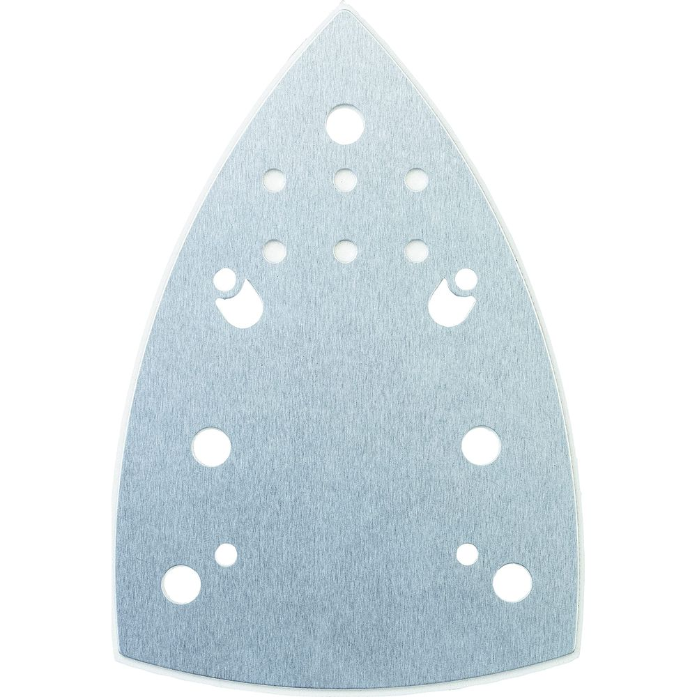 Un plateau de ponçage triangulaire avec de nombreux trous ronds et quelques ovales.